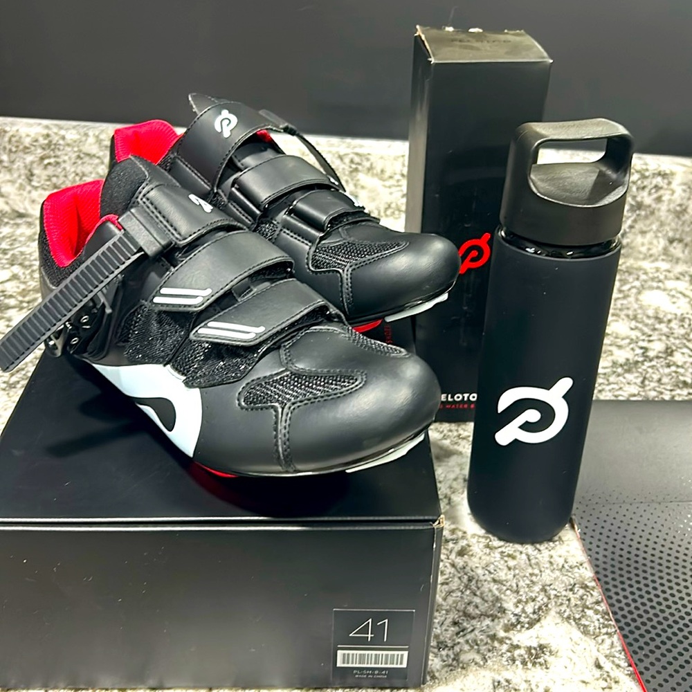 Peloton cycling shoes and free water bottle